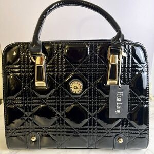 New Hua Long Patent Leather Quilted Purse Handbag Black with Gold Accents